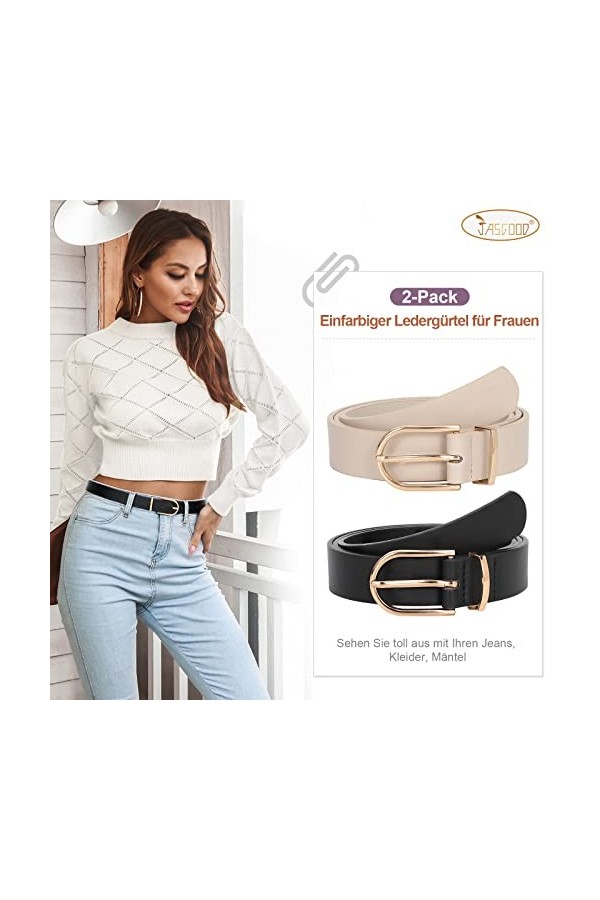 JasGood Ceinture en cuir pour femme - Pour jeans, pantalons, robe avec boucle dorée, B-noir+beige, Größe anpassen 66cm-82cm