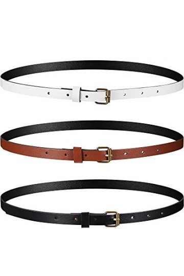 3 Pièces Ceintures Fines pour Femmes d’Hiver Ceinture Fine de Robe en Cuir PU avec Boucle en Alliage de Bronze Blanc, Noir, 