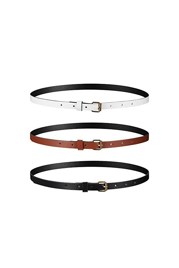 3 Pièces Ceintures Fines pour Femmes d’Hiver Ceinture Fine de Robe en Cuir PU avec Boucle en Alliage de Bronze Blanc, Noir, 