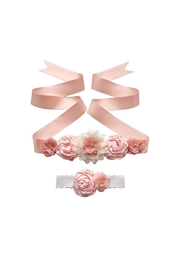 TININNA 1PCS Enfant Fille Fleur Ceinture +1PCS Bandeau en Ruban,Ceinture Décoration Élastique pour Mariée Demoiselle dhonneu