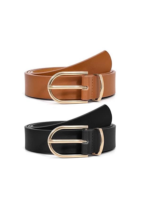 JASGOOD Lot de 2 ceintures en cuir pour femme avec boucle dorée, A noir + marron, Medium
