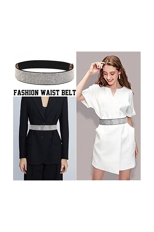 Suyi Extensible Strass Ceinture Cristal Élastique Large Taille Ceinture Brillant Bling Ceintures pour Femmes Robe 50CM Black