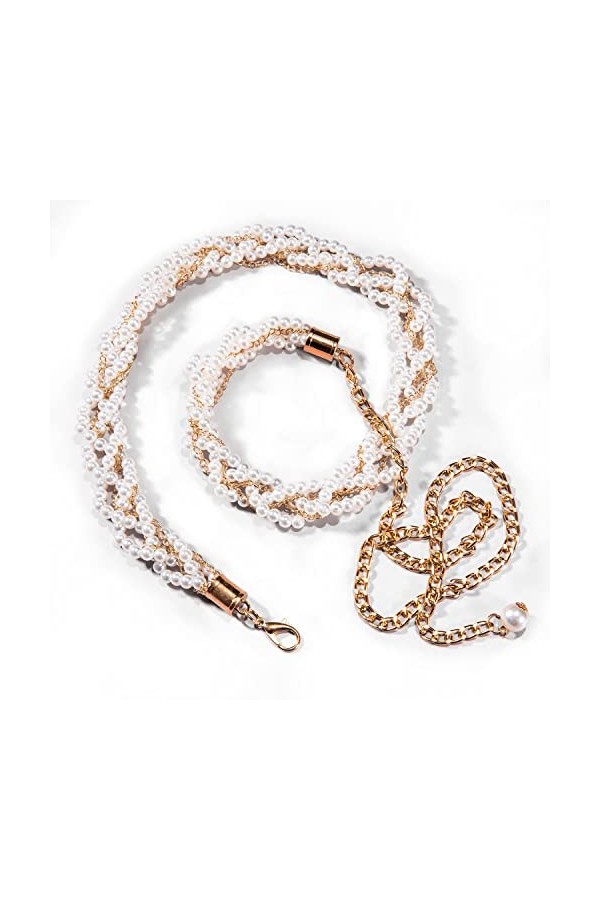 Barry.Wang Ceinture avec perles et strass pour femme Blanc cassé, Chaîne de taille dorée avec perle, taille unique