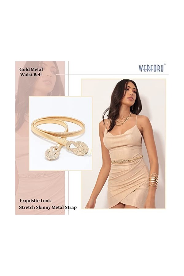 WERFORU Lot de 2 ceintures fines en métal pour robe Doré élastique taille fine, A-or+boucle carrée argentée, Länge 66cm für 