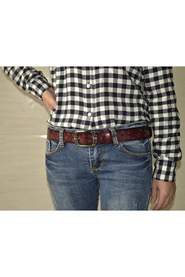 AmyKer Ceintures en cuir véritable vintage pour femmes avec boucle en relief Ceintures pour Jeans Pantalons Robes Noir Marron