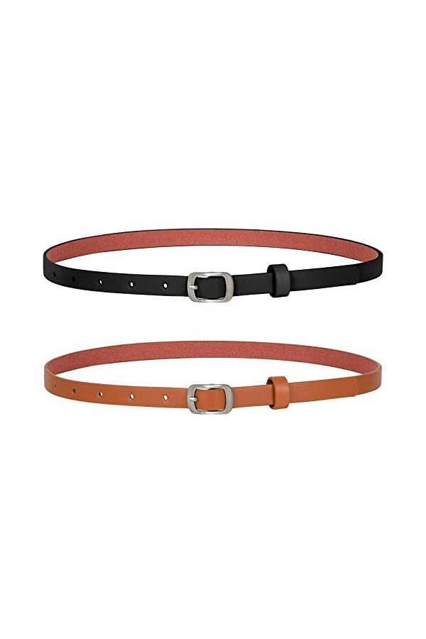 XZQTIVE Lot de 2 ceintures fines en cuir pour femme avec boucle argentée pour pantalons, jeans, robes, A-noir+marron, 110cm P
