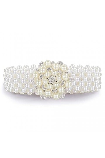 Barry.Wang Ceinture avec perles et strass pour femme Blanc cassé, Fleur ronde blanc cassé, taille unique