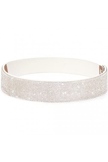 Suyi Extensible Strass Ceinture Cristal Élastique Large Taille Ceinture Brillant Bling Ceintures pour Femmes Robe 55CM White