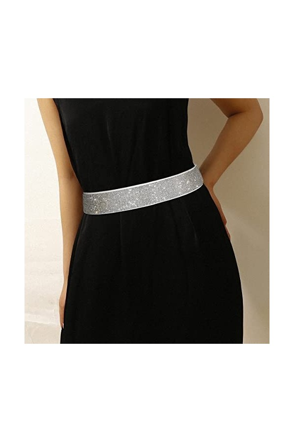 Suyi Extensible Strass Ceinture Cristal Élastique Large Taille Ceinture Brillant Bling Ceintures pour Femmes Robe 55CM White