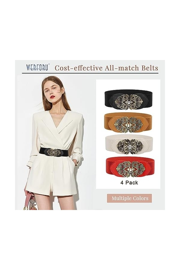 WERFORU Large ceinture élastique pour femme, vintage, extensible, large - Rétro - Mode Cinch pour robes, B-noir+marron+beige+