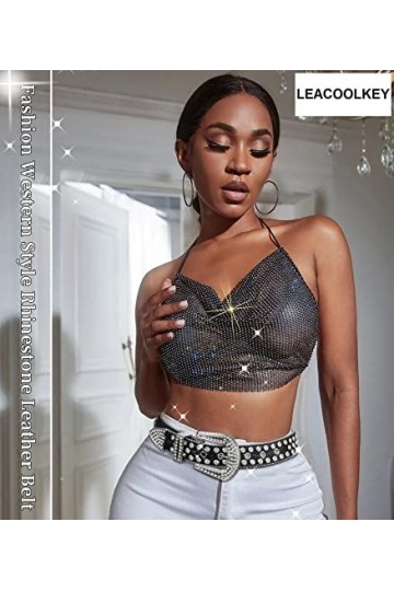 LEACOOLKEY Ceinture en cuir PU pour femme et homme - Style cowgirl - Style western - Rivets - Punk, R-Noir., M:Passgröße 86cm