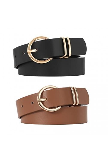 JASGOOD Lot de 2 ceintures en cuir pour femme avec boucle dorée/argentée, Café clair, XX-Large
