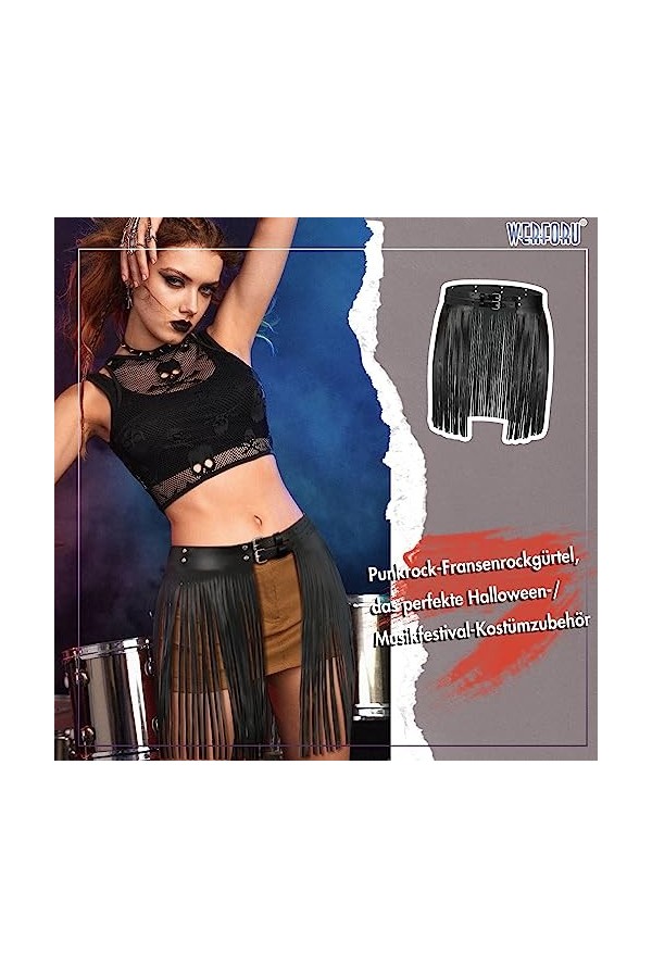WERFORU Ceinture à franges pour femme - En cuir synthétique - Style punk rock, A-noir gland longueur 40 cm, 125cm Passt Taill