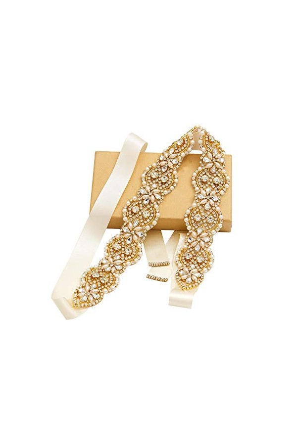 Tendaisy Ceinture de mariage pour femme avec perles en cristal et strass pour robe de mariée - Beige - style-3