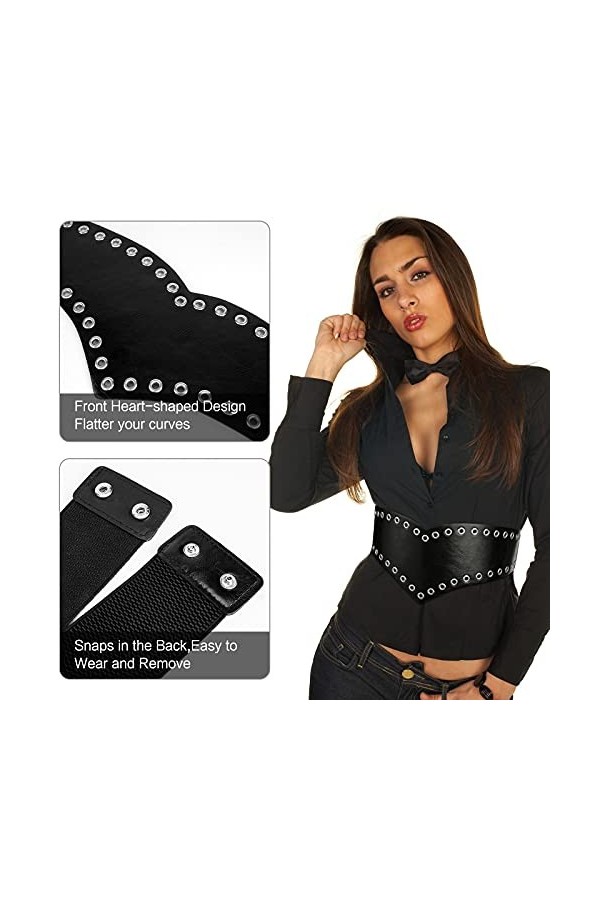 Ceinture large extensible noire en cuir synthétique pour femme, noir, Taille 86/99 cm