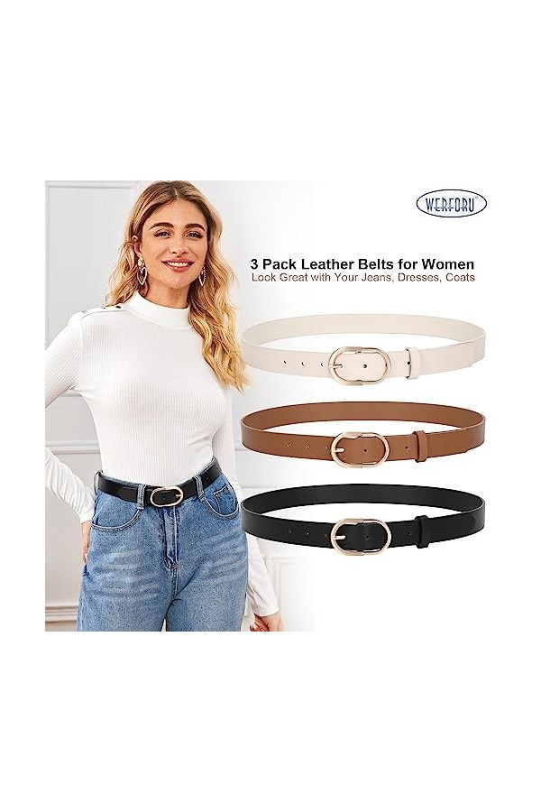 WERFORU Lot de 2 ceintures en cuir pour femme avec boucle dorée, A-noir+marron+beige, 110cm Passt Taillengröße 76-90cm 