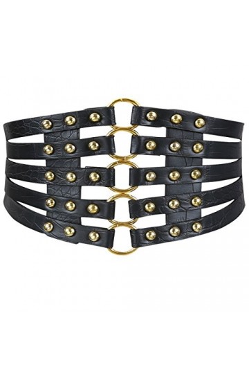 MEGAUK Ceinture à rivets larges pour femme - En similicuir - Ceinture creuse rétro pour décoration, Noir + doré, taille uniqu