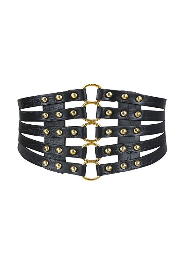 MEGAUK Ceinture à rivets larges pour femme - En similicuir - Ceinture creuse rétro pour décoration, Noir + doré, taille uniqu