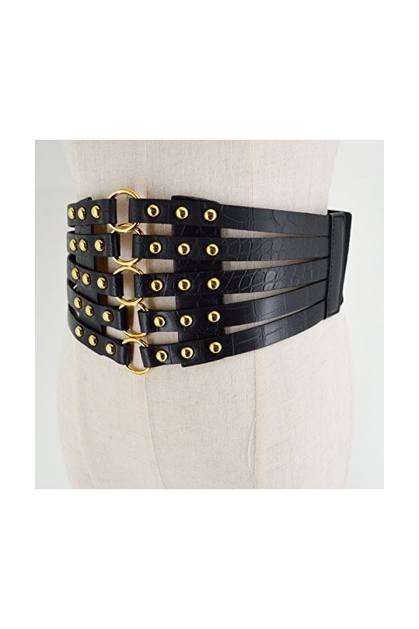 MEGAUK Ceinture à rivets larges pour femme - En similicuir - Ceinture creuse rétro pour décoration, Noir + doré, taille uniqu