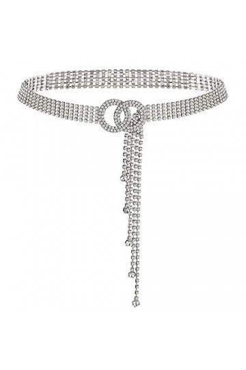 YooAi Ceinture en Cristal pour Femmes Strass Chaîne Ceinture O-Ring Ceinture pour Robe Argent 120 cm