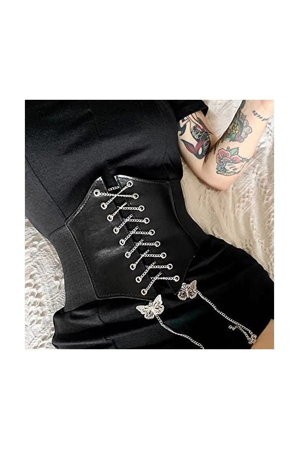 Lamdgbway Corset En Cuir À Lacets Ceinture Élastique Rétro Ceinture Pour Femmes Grils Papillon Noir 105cm