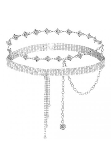 AIGOHOM Lot de 2 ceintures en strass pour robe avec chaîne en diamant - Ceinture large - Mode - Double anneau torique - Pour 