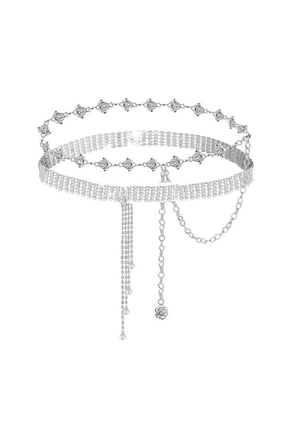 AIGOHOM Lot de 2 ceintures en strass pour robe avec chaîne en diamant - Ceinture large - Mode - Double anneau torique - Pour 