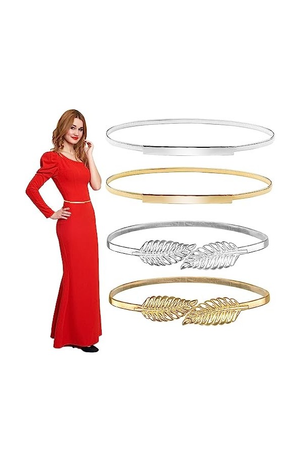 Forreen Ceinture Élastique Femme, 4 Pièces Ceinture Fine Ajustable Élégante Rétro Ceinture de Robe avec Boucle en Métal pour 