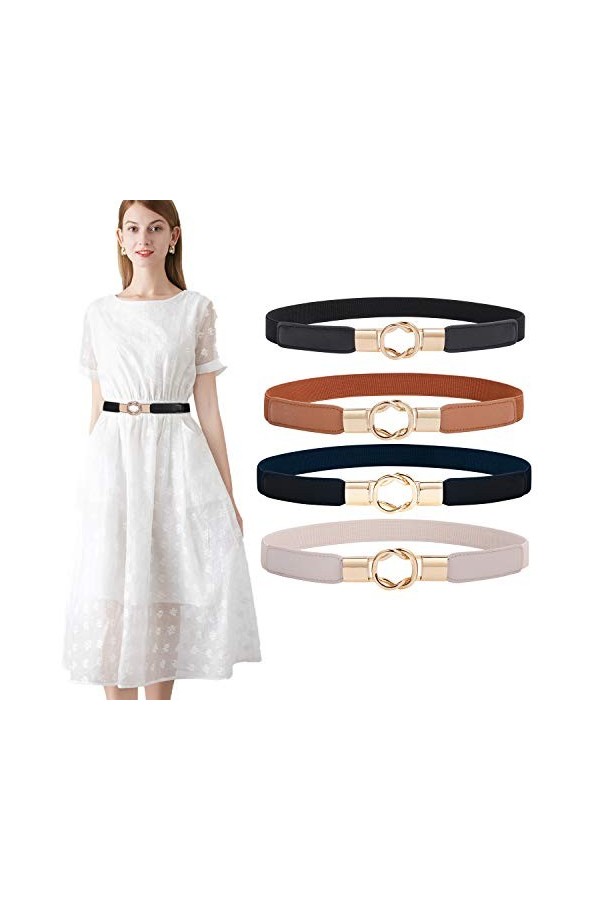 WERFORU Lot de 4&nbsp;ceintures élastiques, pour femme, minces, style rétro, taille fine, avec boucle, adaptées aux robes