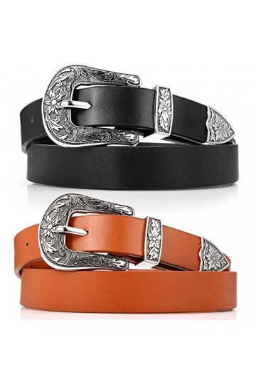 2 Pcs Ceintures en Cuir avec Boucles de Cow-Girl Vintage de Style Occidental pour Femmes Jeans Robes, Noir, Marron, 110 cm