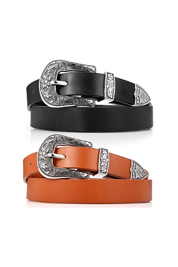 2 Pcs Ceintures en Cuir avec Boucles de Cow-Girl Vintage de Style Occidental pour Femmes Jeans Robes, Noir, Marron, 110 cm