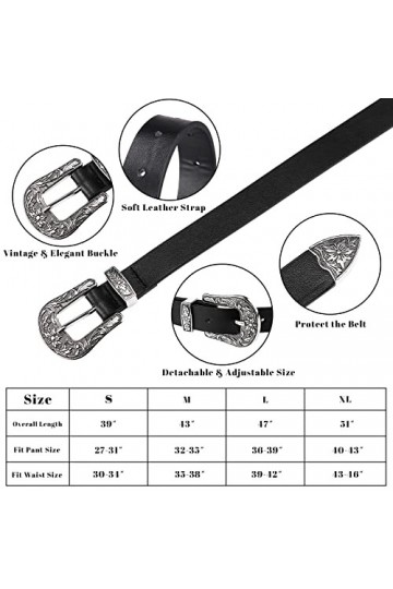 2 Pcs Ceintures en Cuir avec Boucles de Cow-Girl Vintage de Style Occidental pour Femmes Jeans Robes, Noir, Marron, 110 cm