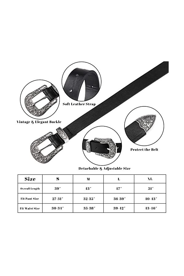 2 Pcs Ceintures en Cuir avec Boucles de Cow-Girl Vintage de Style Occidental pour Femmes Jeans Robes, Noir, Marron, 110 cm