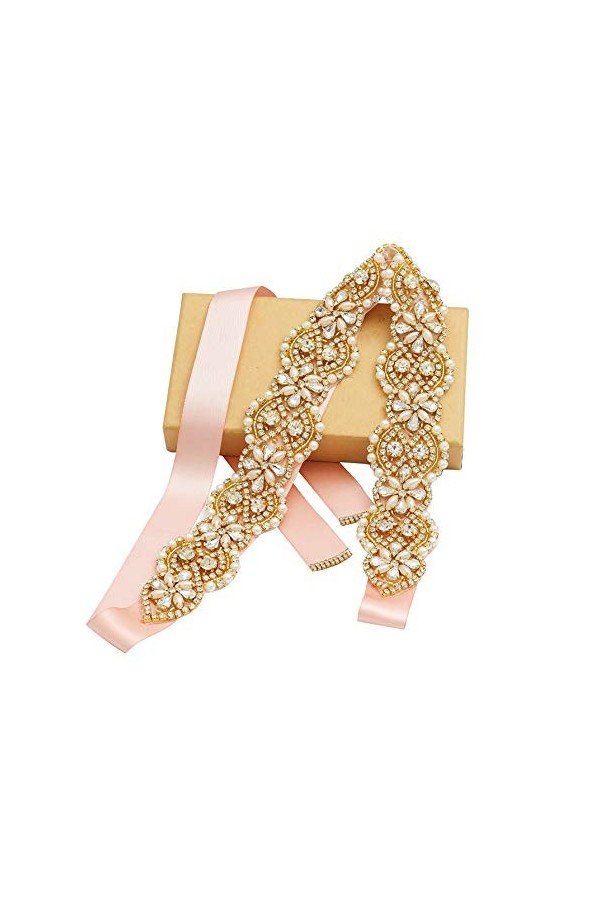 Tendaisy Ceinture de mariage pour femme avec perles en cristal et strass pour robe de mariée - Beige - style-3
