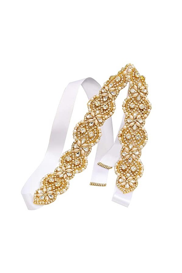Tendaisy Ceinture de mariage pour femme avec perles en cristal et strass pour robe de mariée - Beige - style-3