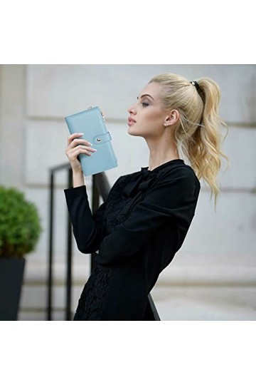 UTO Portefeuille à Bracelet Femme Pochette Grand Sac à Main en Cuir PU Souple à Double Fermeture à glissière Multi-Poches Mul