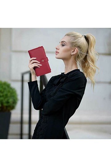 UTO Portefeuille à Bracelet Femme Pochette Grand Sac à Main en Cuir PU Souple à Double Fermeture à glissière Multi-Poches Mul