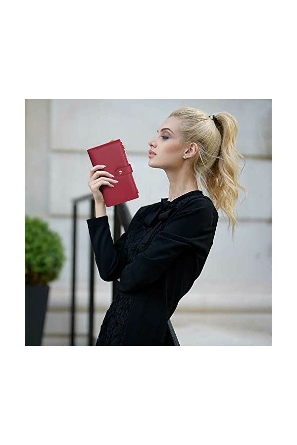 UTO Portefeuille à Bracelet Femme Pochette Grand Sac à Main en Cuir PU Souple à Double Fermeture à glissière Multi-Poches Mul