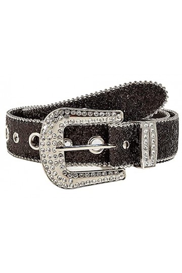 KorhLeoh Ceinture en cuir à œillets avec grande boucle en strass pour homme et femme, Noir , 29-39W