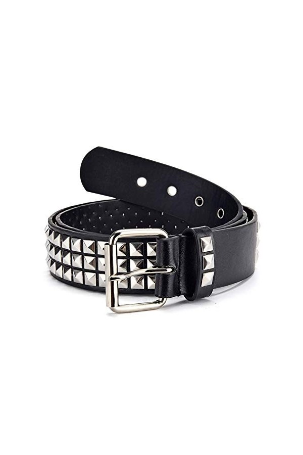 Ceinture punk en métal, ceinture gothique cloutée pyramidale, boucle carrée et cuir reconstitué pour femme, Noir