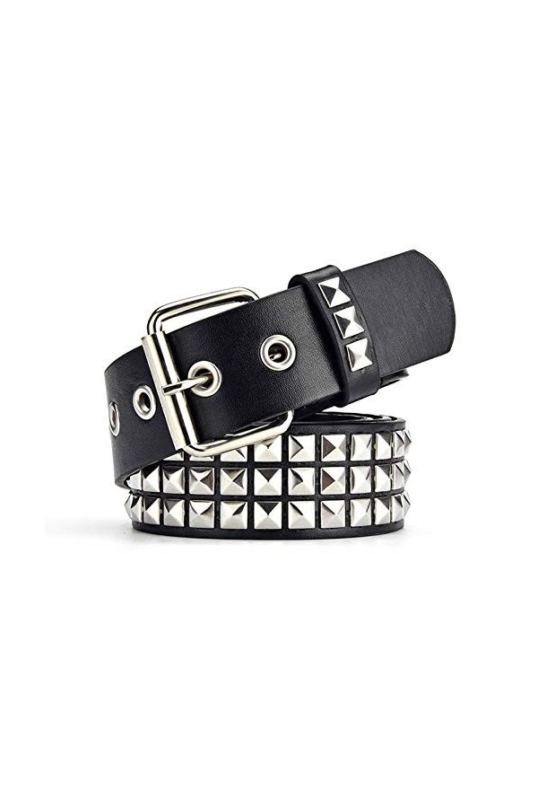 Ceinture punk en métal, ceinture gothique cloutée pyramidale, boucle carrée et cuir reconstitué pour femme, Noir