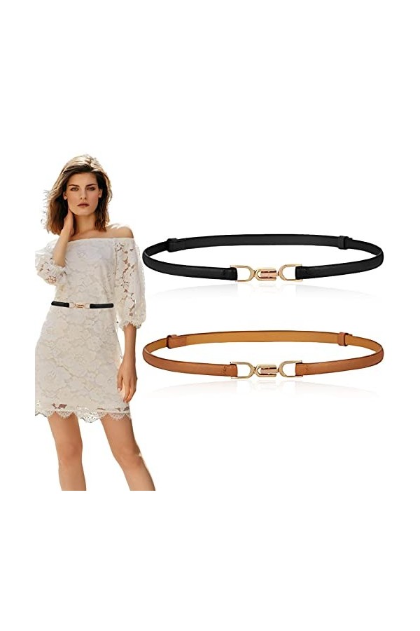UICCVOKK Ceinture fine en cuir pour femme avec boucle en métal doré réglable pour robe, jupe, costume marron, noir, Marron/n