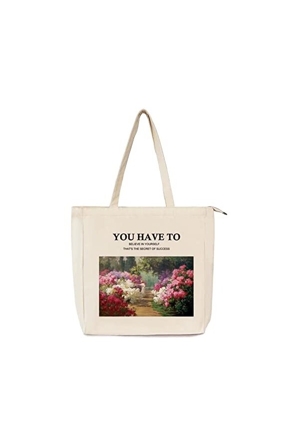 Yuuki Sac en Toile, Canvas Tote Bag, Sac Toile Réutilisable, Sac en Tissu Aesthetic avec Fermeture Éclair et Poche Intérieure