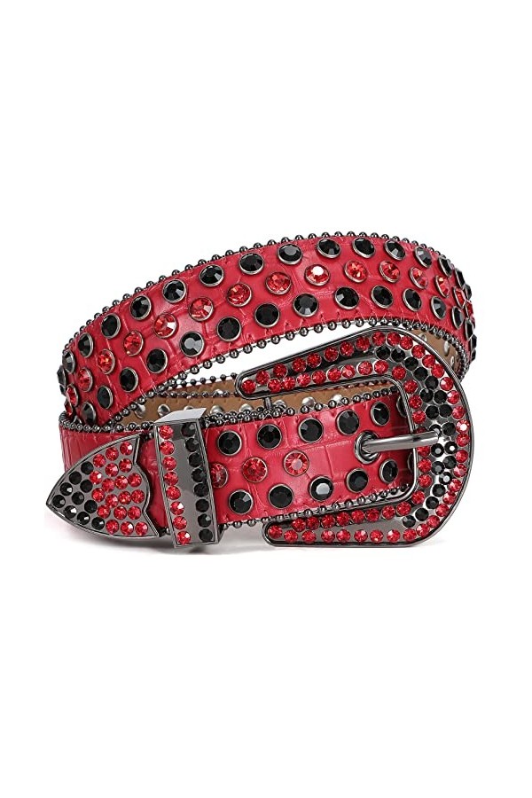 LEACOOLKEY Ceinture en cuir PU pour femme et homme - Style cowgirl - Style western - Rivets - Punk, T-rouge., M:Passgröße 86c