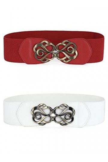 Allegra K Ceintures élastiques en métal avec boucle emboîtable pour femme, Blanc/rouge, Fit Waist Girth:60cm/23.62" to 75cm/2