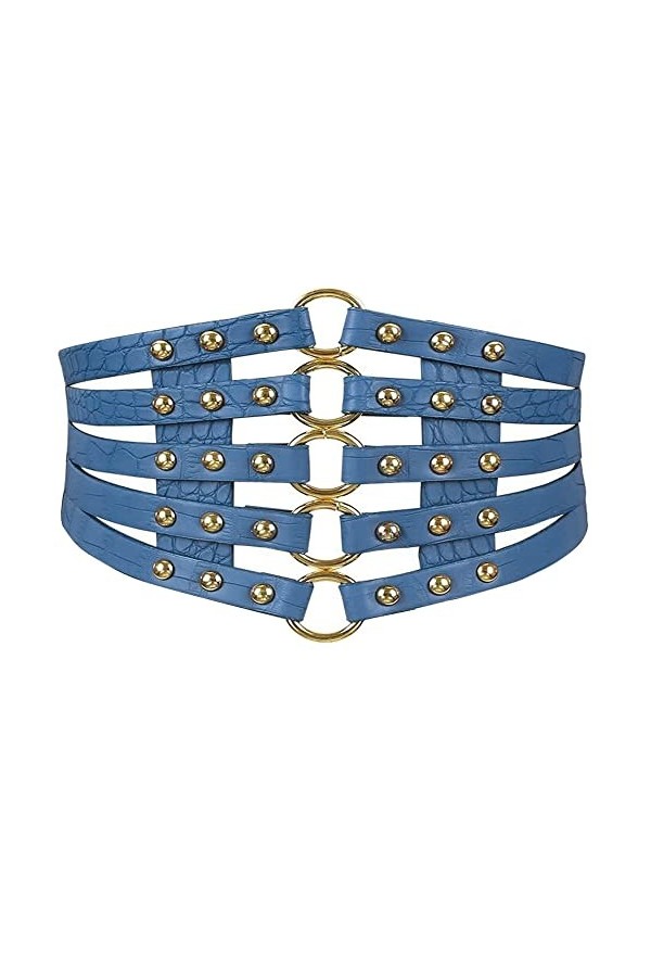 MEGAUK Ceinture à rivets larges pour femme - En similicuir - Ceinture creuse rétro pour décoration, Noir + doré, taille uniqu