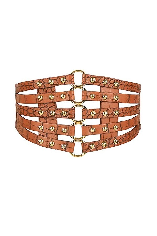 MEGAUK Ceinture à rivets larges pour femme - En similicuir - Ceinture creuse rétro pour décoration, Noir + doré, taille uniqu