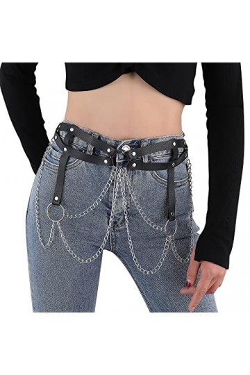 CHIC DIARY Ceinture de taille punk gothique pour femme avec chaîne en métal PU cuir ceinture décorative mode jeans noir, Noir