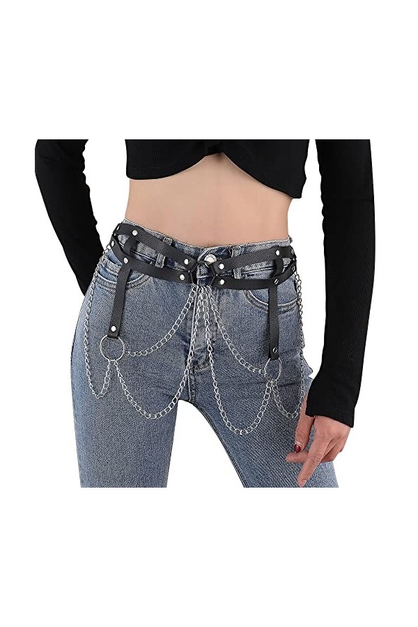 CHIC DIARY Ceinture de taille punk gothique pour femme avec chaîne en métal PU cuir ceinture décorative mode jeans noir, Noir