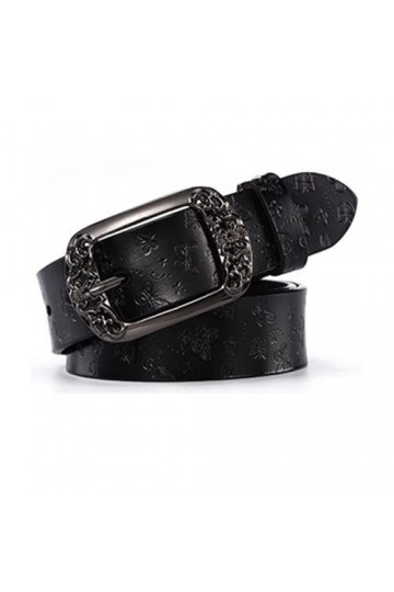 CHENGZI Ceinture en cuir de vache pur avec boucle en relief - Pour femme - Ceinture décorative - Longueur : - Noir -